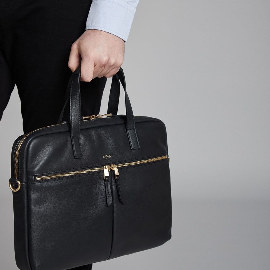 120 103 BLK KNOMO Hanover womens leather laptop briefcase black model female close up 1728x 097e73d9